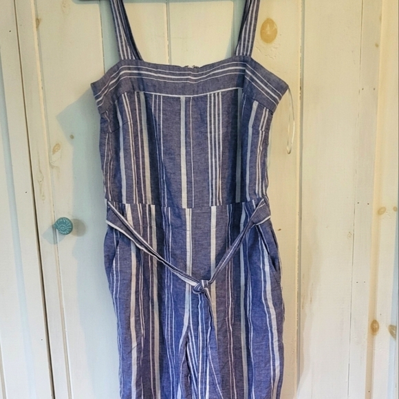 Nautica Linen Blend Bib Elastic Back Stripe Jumpsuit - Picture 2 of 10
